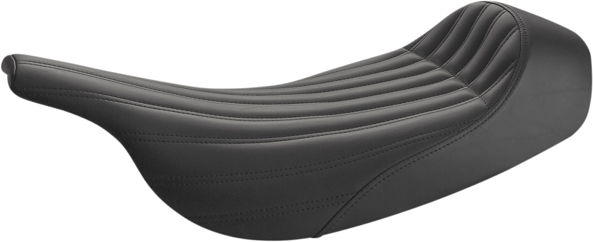 Black SADDLEMEN Knuckle Solo Seat with ribbed design by Bill's Exhausts, shown from a side angle on a motorcycle seat.