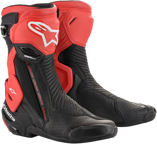 Alpinestars SMX+ Vented motorcycle boots in black and red with US size 9, showcasing ankle protection and vented design.