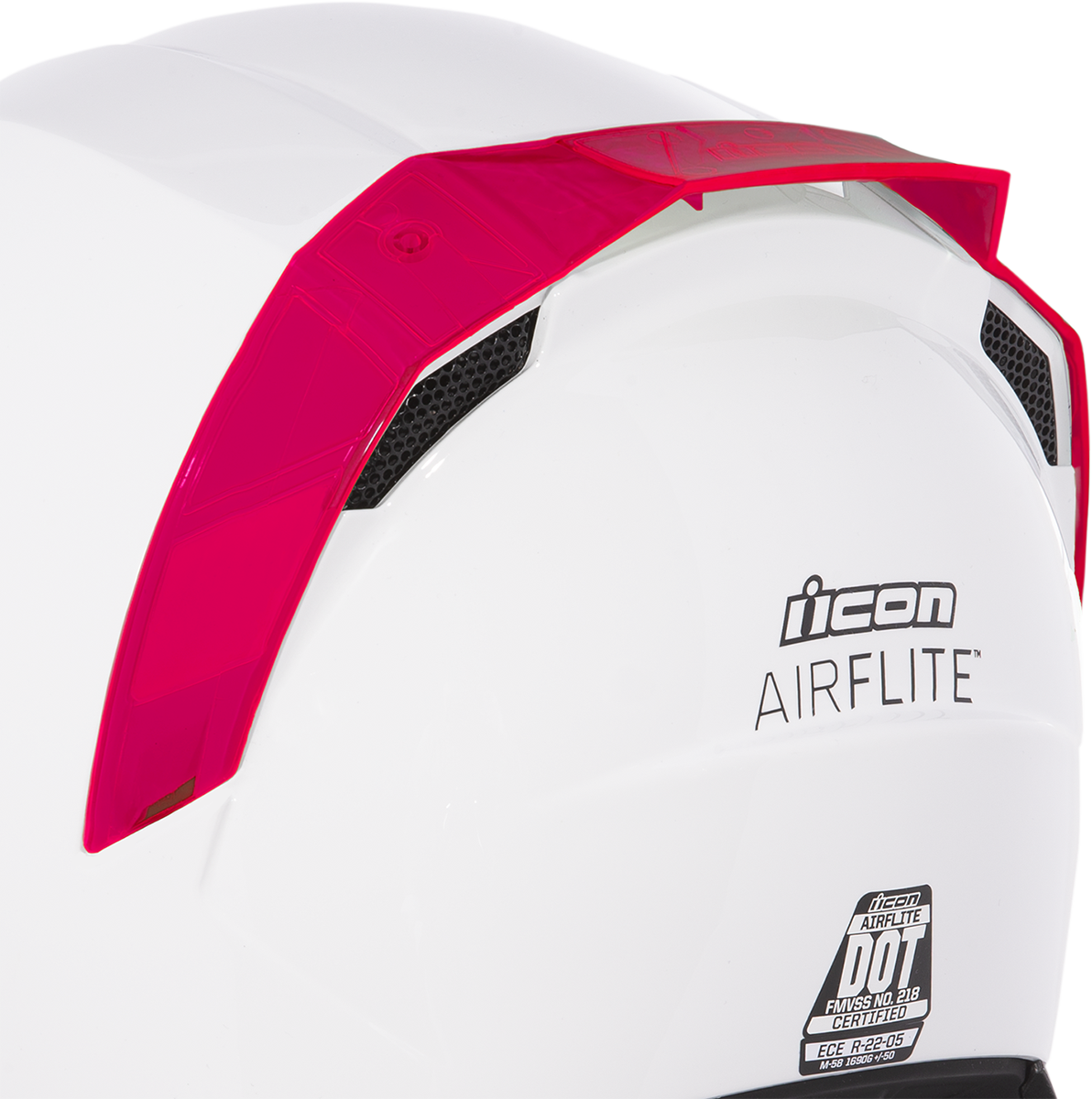Bill's Exhausts ICON Airflite rear spoiler in Dayglo Red for helmets, showing the vibrant, aerodynamic helmet accessory.
