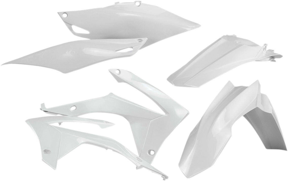A white Acerbis full replacement body kit for motorcycles, featuring sleek panels and contours, designed for a custom fit.