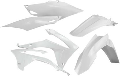 A white Acerbis full replacement body kit for motorcycles, featuring sleek panels and contours, designed for a custom fit.