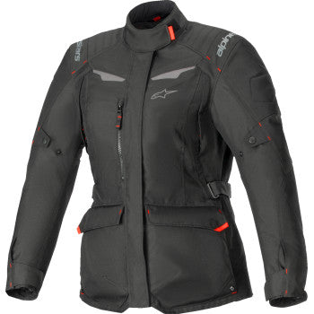 Black Alpinstars Stella ST-1 waterproof jacket, XS size, displayed on a hanger with visible zipper and waterproof fabric.