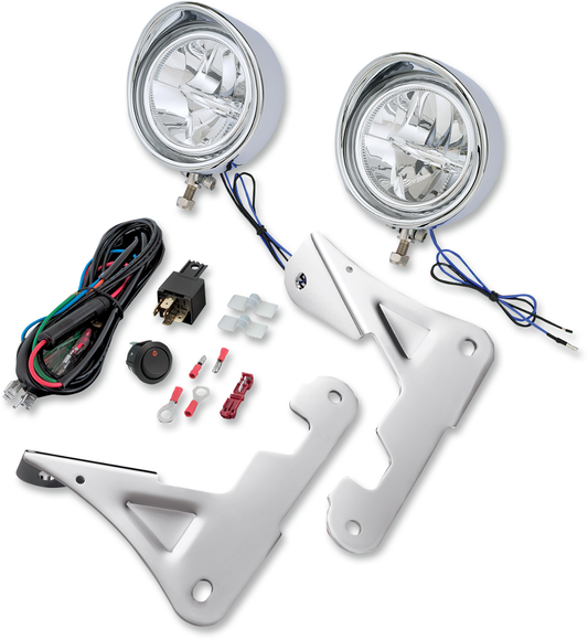 Chrome Show Chrome 3.5-inch driving light kit for FLHT motorcycles, featuring engine-mounted lights from Bill's Exhausts.