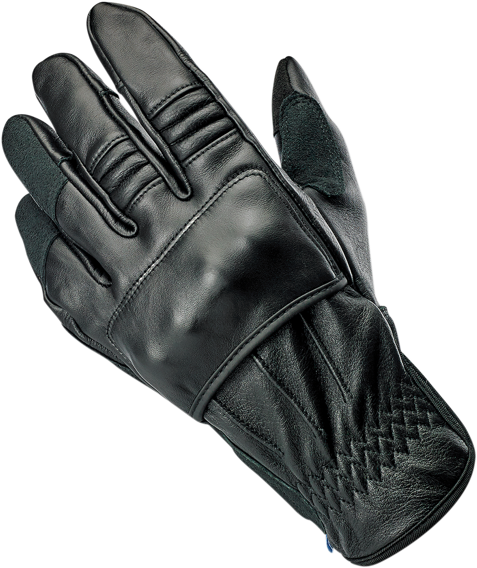 Black BILTWELL Belden Gloves in XS size, made by Bill's Exhausts, featuring durable leather and secure wrist closures.