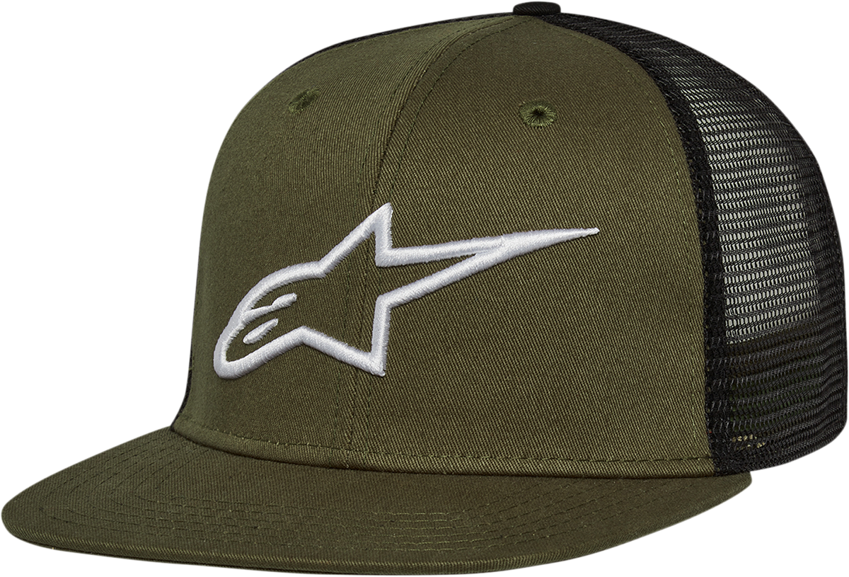 Bill's Exhausts Alpinstars Corp Trucker Hat in military black, one size, featuring a classic trucker style and protective gear design.