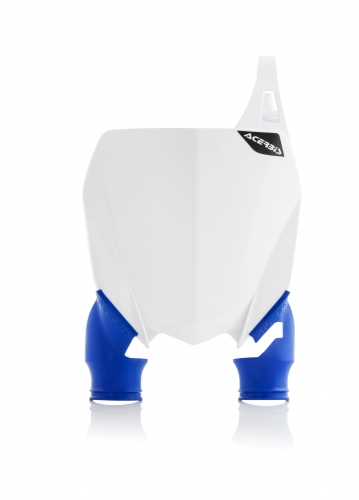 White and blue ACERBIS Raptor number plate for motorcycles, featuring bold lettering and a sleek body design.