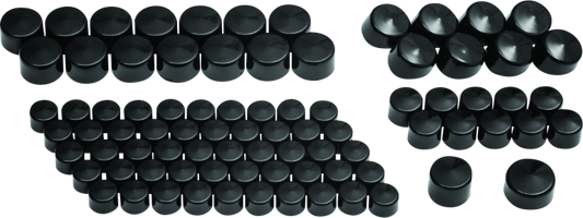 Kuryakyn Kool Kaps engine cover kit in gloss black for Twin Cam and Evolution motors, featuring sleek, durable metal covers.