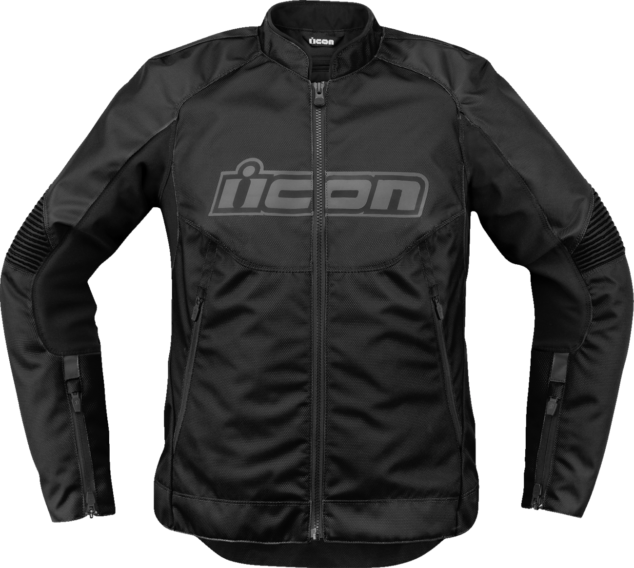 Black ICON Women's Overlord3™ jacket with front zipper and hood, shown on a hanger. Stylish, lightweight women's jacket by Bill's Exhausts.