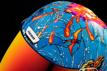 Large ICON Airform Dino Fury helmet by Bill's Exhausts, featuring detailed dinosaur design and vibrant colors.
