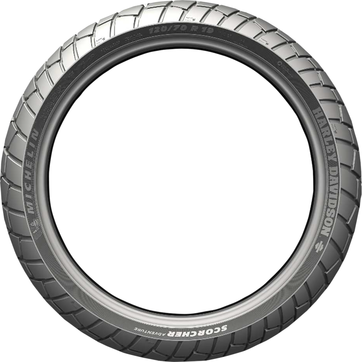 Michelin Scorcher Adventure front motorcycle tire 120/70R19 with 60V rating, designed for rugged touring and adventure riding.
