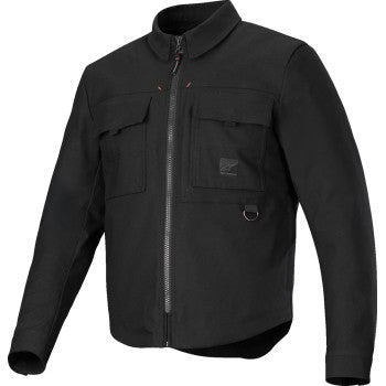 Black Alpinestars overshirt jacket with front pockets and logo, displayed on a neutral background.