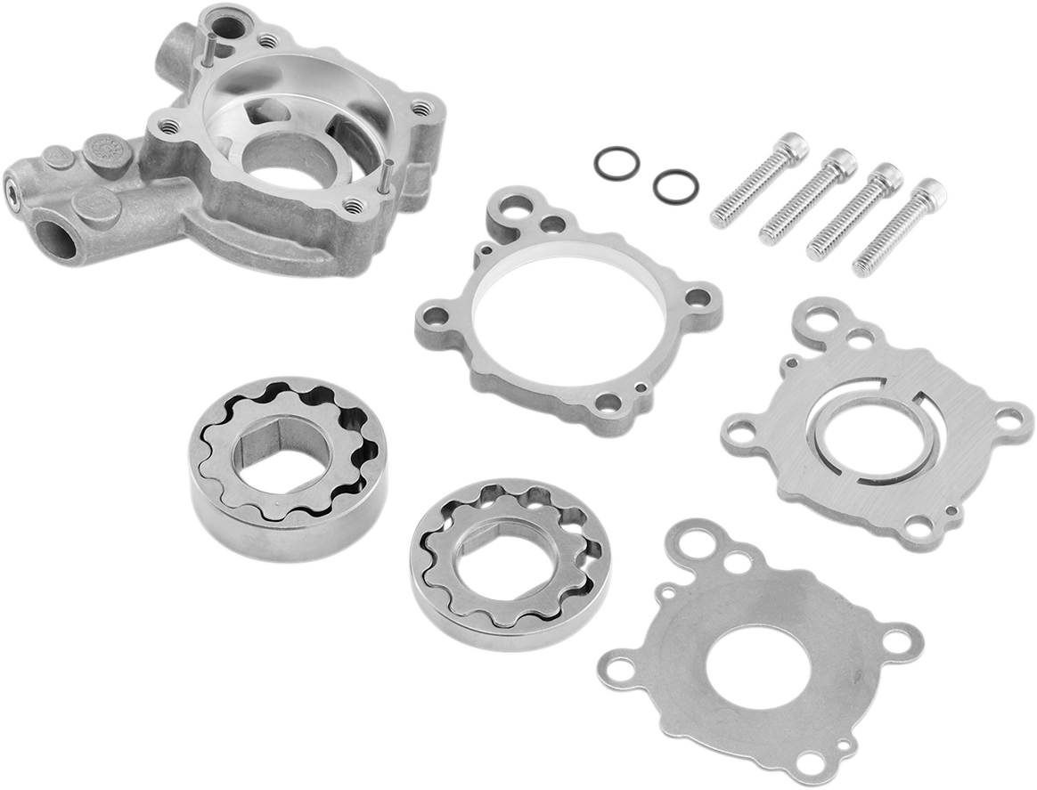 DRAG SPECIALTIES high-volume/high-pressure oil pump for Twin Cam engines, shown in a close-up view.