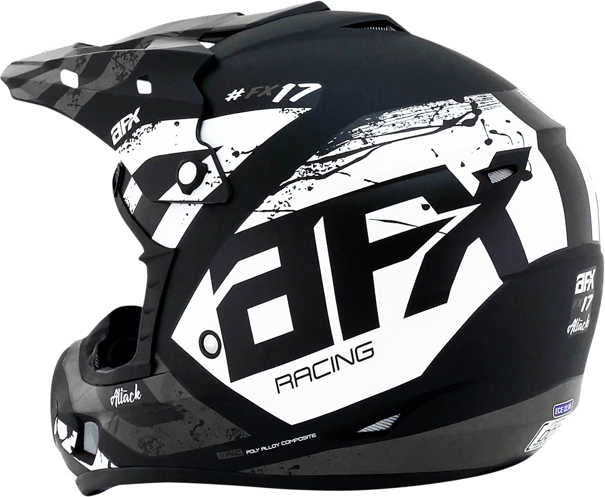 Matte black and silver AFX FX-17Y Attack helmet, large size, with sleek aerodynamic design and ventilation details.
