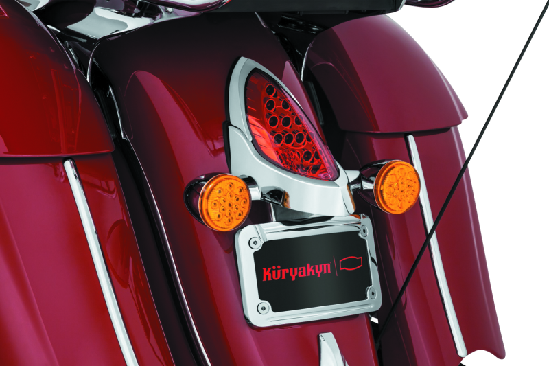 Kuryakyn LED curved license plate frame with chrome finish for Indian motorcycles, featuring integrated LED lighting.