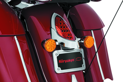 Kuryakyn LED curved license plate frame with chrome finish for Indian motorcycles, featuring integrated LED lighting.