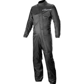 Black Alpinestars Hurricane v2 Rainsuit in XL, waterproof motorcycle rainsuit with reflective details and adjustable straps.