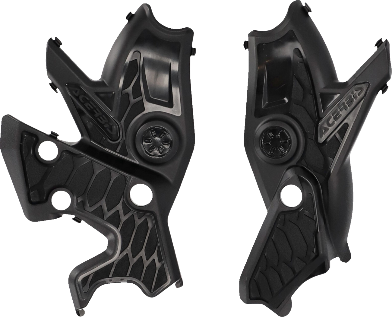 Acerbis X-Grip black frame guards mounted on motorcycle body, providing protection and a sleek look for bike frames.