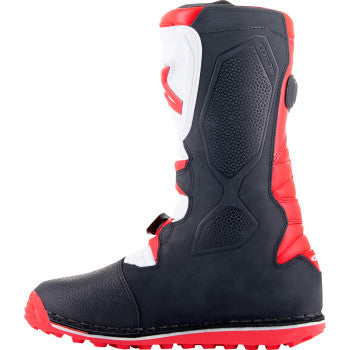 Alpinestars Tech-T motorcycle boots in red, black, and white with sturdy design, US size 7, featuring protective elements.