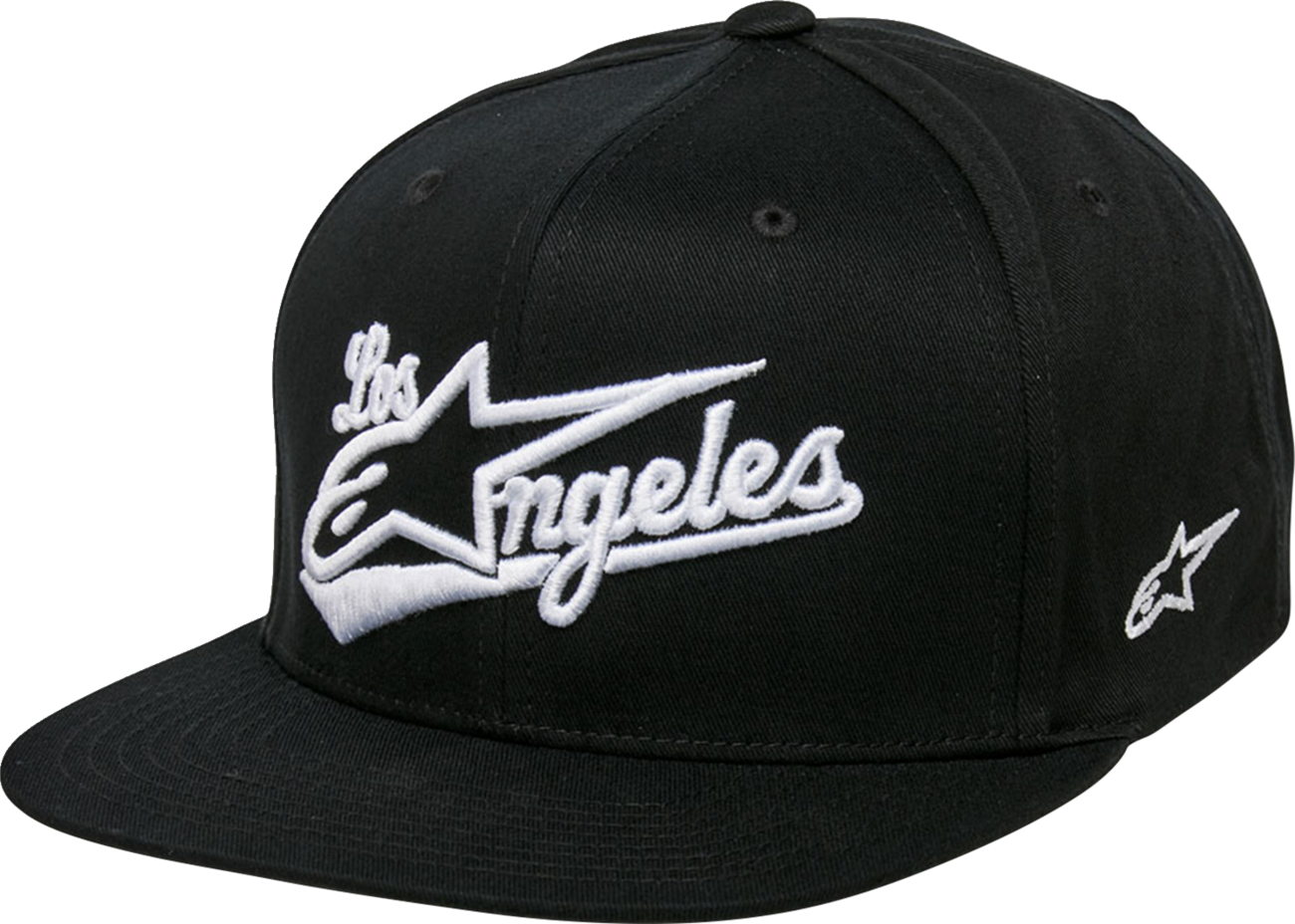 Black and white ALPINESTARS Los Angeles hat with Bill's Exhausts branding, one size fits most, casual headwear for fans and riders.