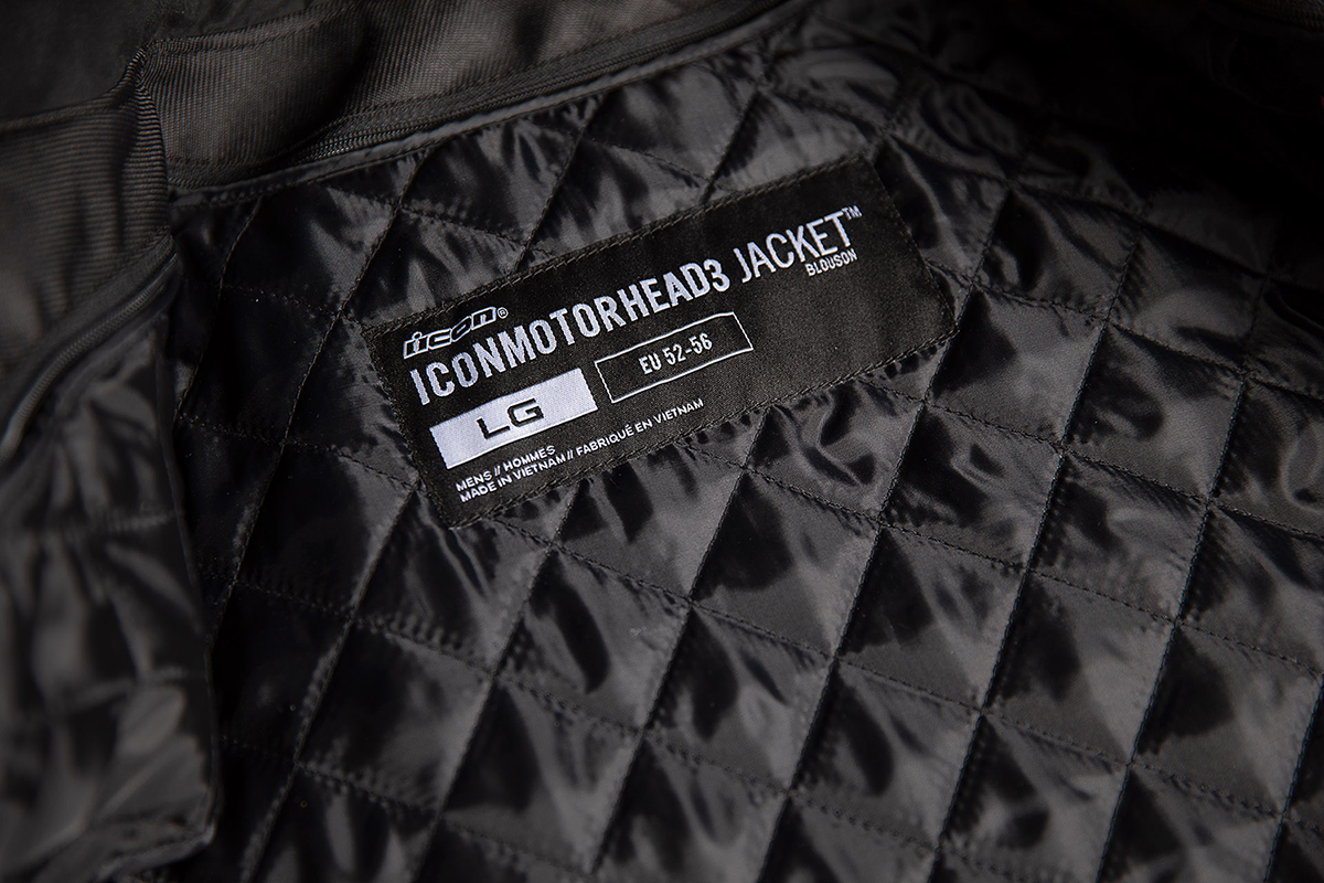 Black ICON Motorhead3™ jacket in XL from Bill's Exhausts, featuring a sleek design and front zipper closure.