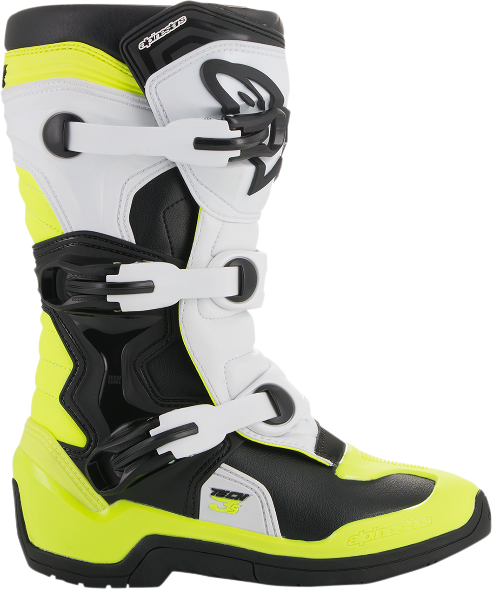 Alpinestars Tech 3S motorcycle boots in black, white, and fluorescent yellow with US size 8, showing side view and protective features.