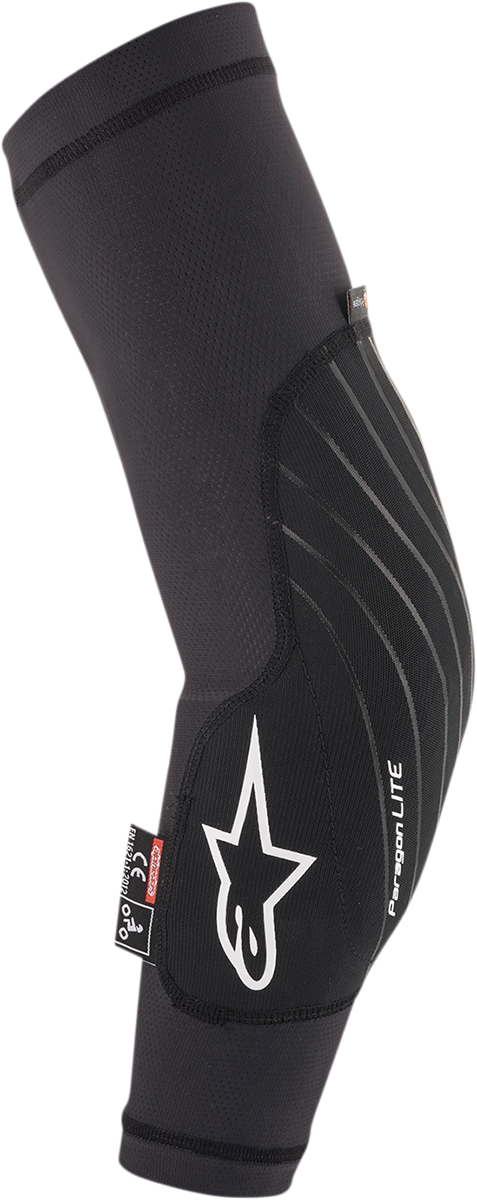 Alpinestars Paragon Lite Black Elbow Guards in XL size, designed for motorcycle protection, with adjustable straps and impact-resistant shell.