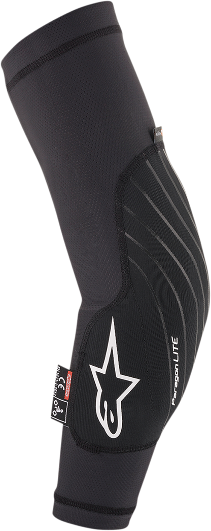 Alpinestars Paragon Lite black elbow guards in large size, designed for motorcycle protection and comfort.