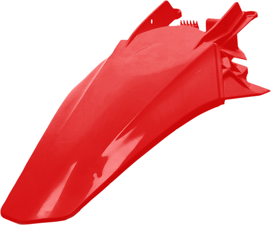 Red Acerbis rear fender for motorcycle, body part with mounting details, designed for durability and style.