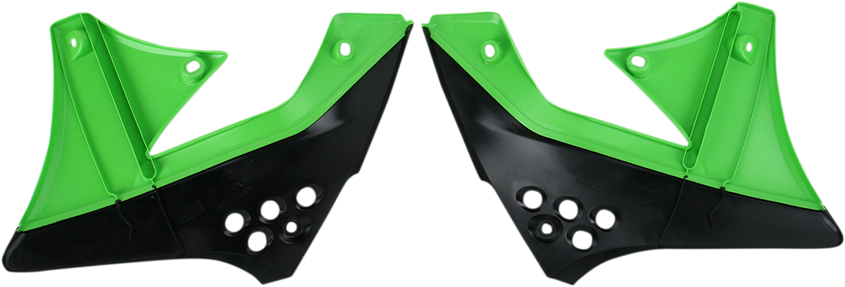 Black and green Acerbis radiator shrouds for motocross bikes, designed with body panels for enhanced durability and style.