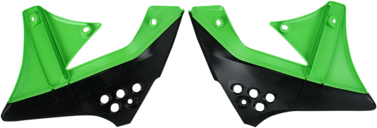 Black and green Acerbis radiator shrouds for motocross bikes, designed with body panels for enhanced durability and style.