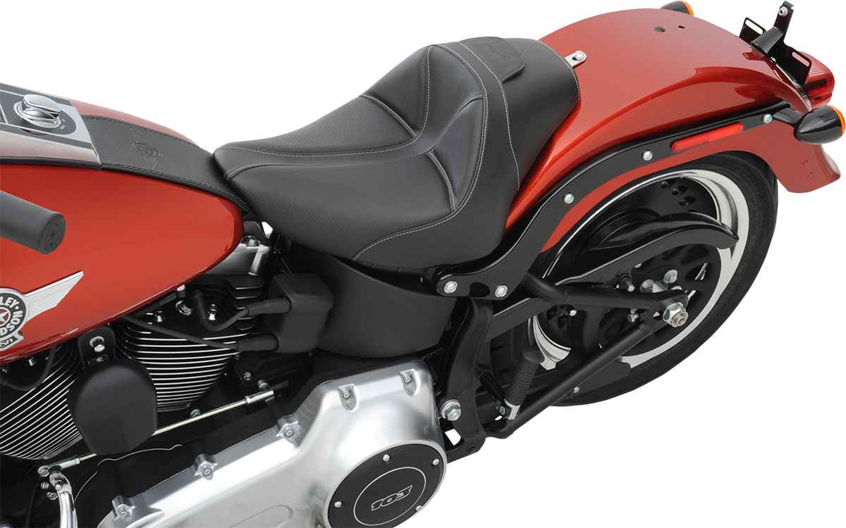 Black SADDLEMEN Dominator Solo Seat with gray stitching for FL/FX bikes 2006-2017, featuring stitched design and ergonomic shape.