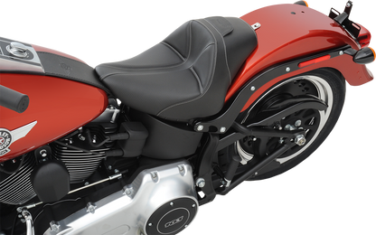 Black SADDLEMEN Dominator Solo Seat with gray stitching for FL/FX bikes 2006-2017, featuring stitched design and ergonomic shape.