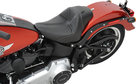 Black SADDLEMEN Dominator Solo Seat with gray stitching for FL/FX bikes 2006-2017, featuring stitched design and ergonomic shape.