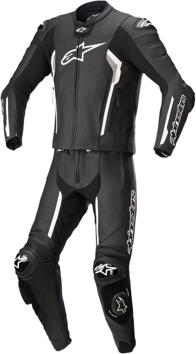 Alpinestars Missile v2 2-piece leather suit in black, white, and gray, shown in US size 40 / EU size 50 with detailed stitching and armor.