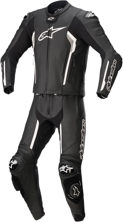 Alpinestars Missile v2 2-piece leather suit in black, white, and gray, shown in US size 40 / EU size 50 with detailed stitching and armor.