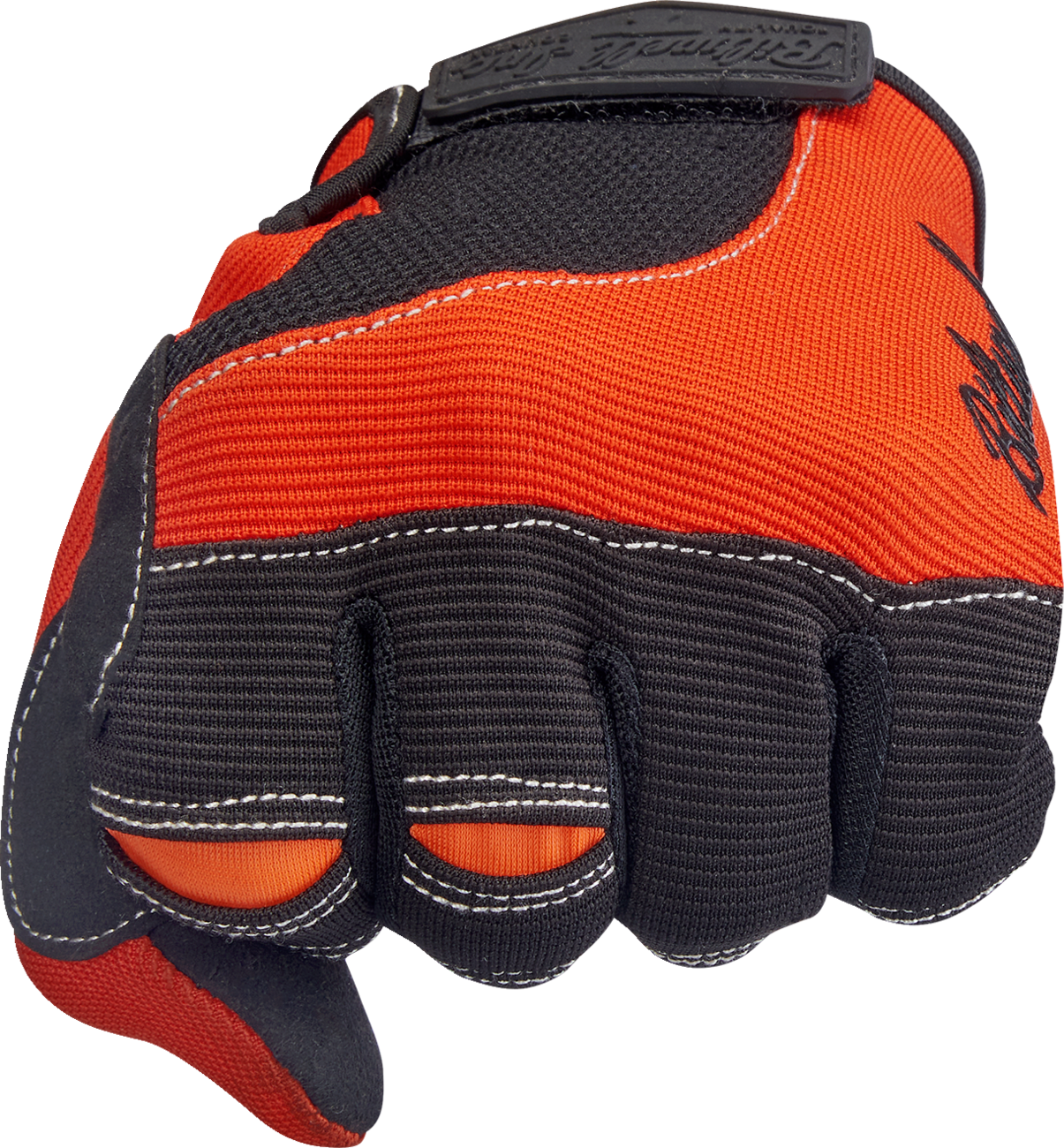BILTWELL Moto Gloves in orange and black, small size, with padded knuckles and adjustable wrist strap for motorcycle riding.