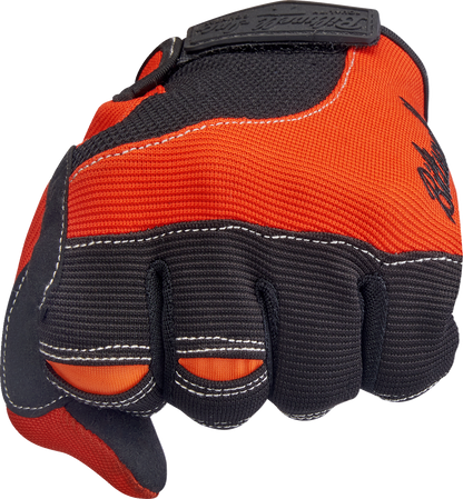 BILTWELL Moto Gloves in orange and black, small size, with padded knuckles and adjustable wrist strap for motorcycle riding.