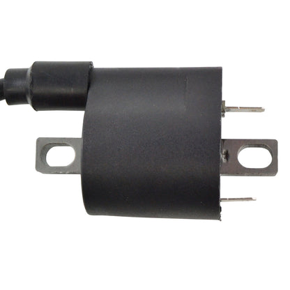RM STATOR external ignition coil with spark plug cap, part RM06049, for motorcycle ignition systems.