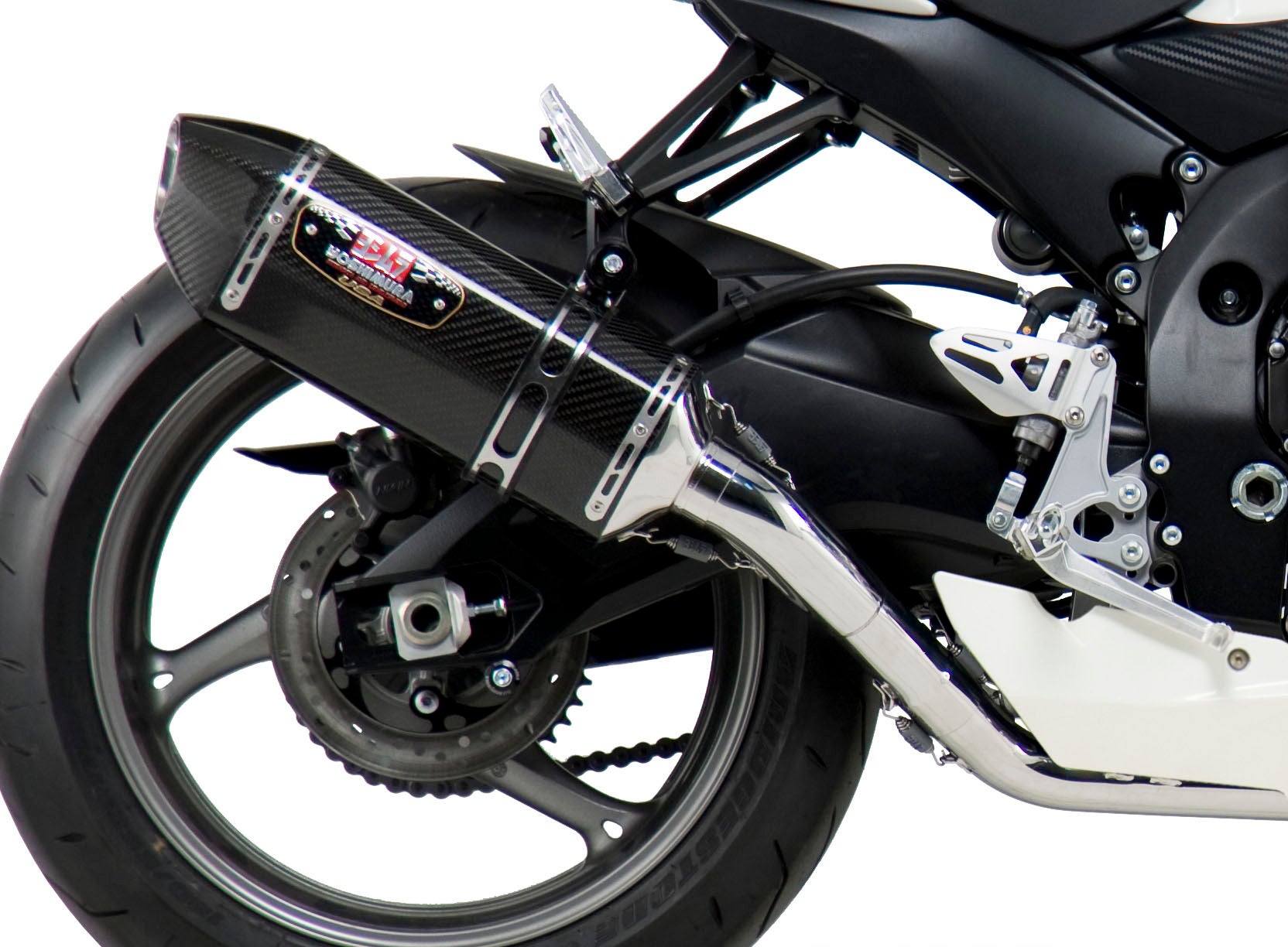 YOSHIMURA Yoshimura Exhaust Race R 77 full system with stainless steel and carbon fiber components, installed on a motorcycle.