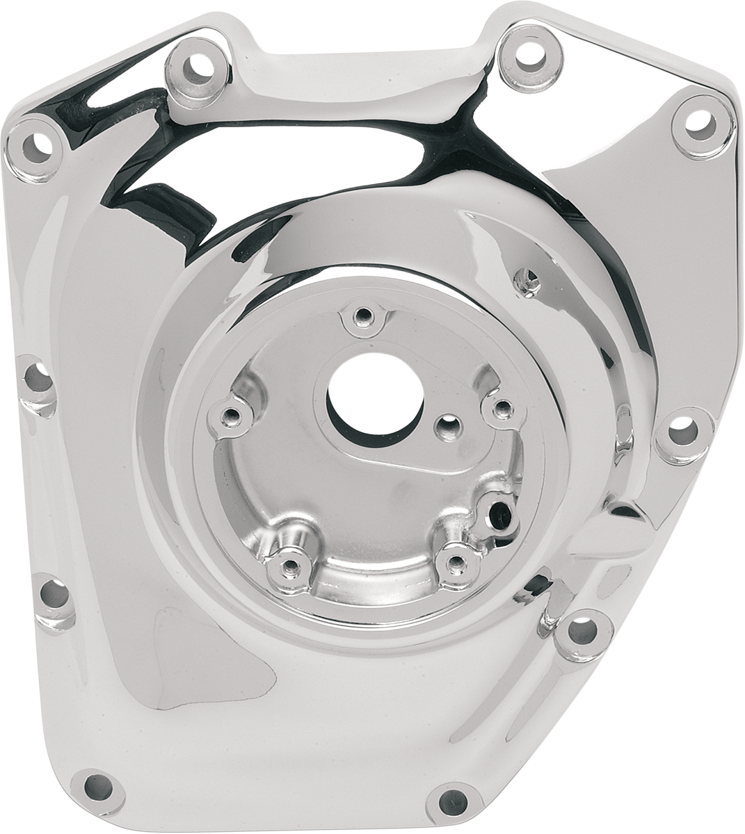Chrome twin cam cam cover for Harley Davidson, by DRAG SPECIALTIES, with polished finish and detailed design.