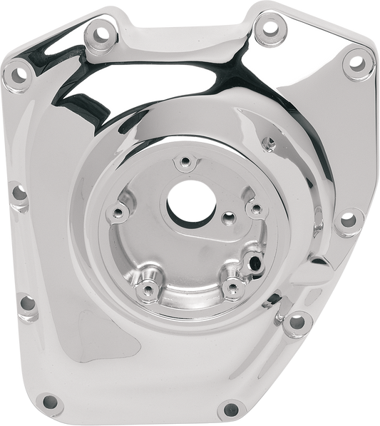 Chrome twin cam cam cover for Harley Davidson, by DRAG SPECIALTIES, with polished finish and detailed design.