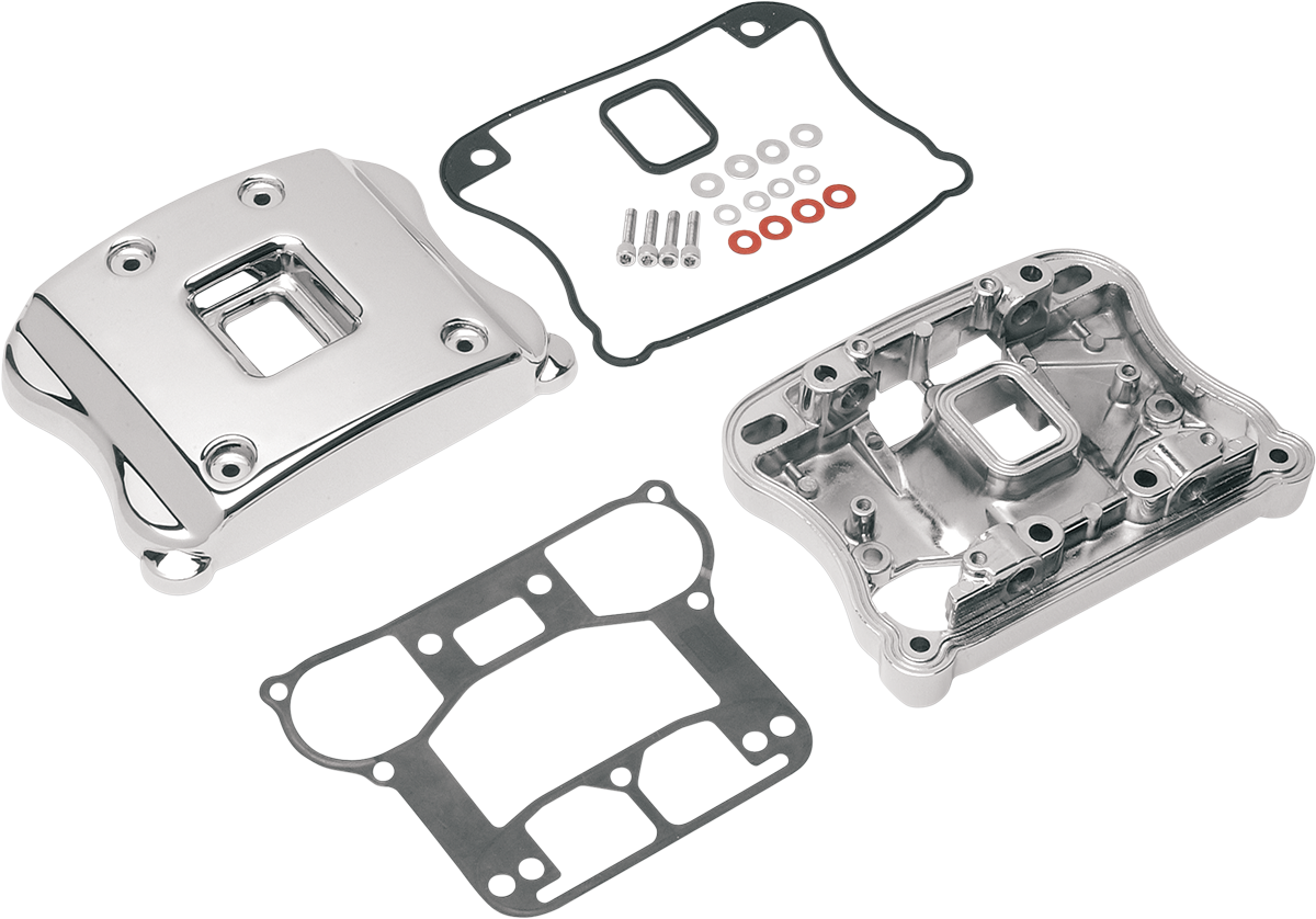 Chrome rocker box for Harley Sportster by Drag Specialties, showing detailed metal finish and mounting hardware.