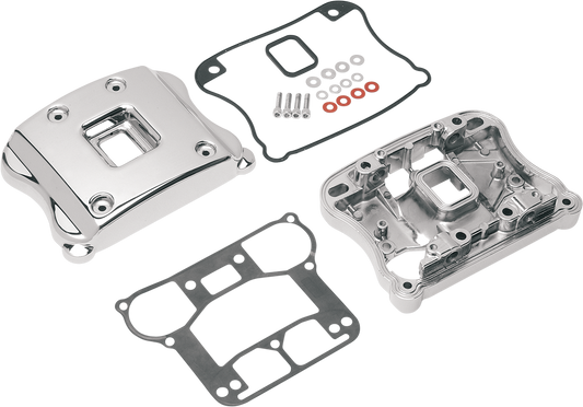 Chrome rocker box for Harley Sportster by Drag Specialties, showing detailed metal finish and mounting hardware.