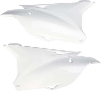 A pair of white Acerbis side panels for motorcycle body, designed for easy installation and a sleek look.