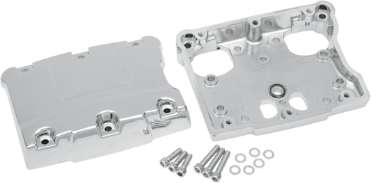 Chrome rocker box for Twin Cam motorcycles, designed by DRAG SPECIALTIES, featuring a polished finish and detailed craftsmanship