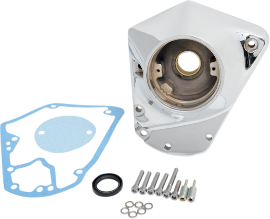 Chrome cam cover for Big Twin motorcycle by Drag Specialties, featuring a polished finish and detailed design.