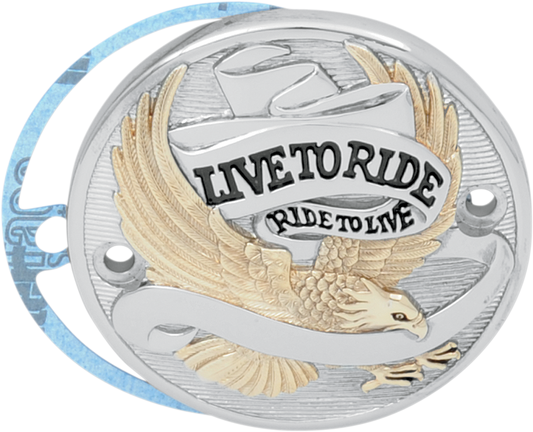 Chrome, gold, and black finish DRAG SPECIALTIES points cover for motorcycle ignition system, with sleek metallic design.