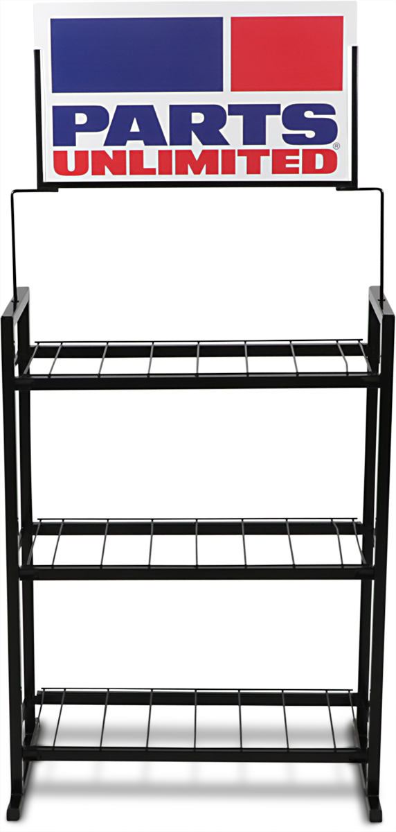 Parts Unlimited Battery Display 015-6Z91BPU, compact retail stand for showcasing batteries, with visible battery slots and branding.