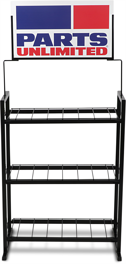 Parts Unlimited Battery Display 015-6Z91BPU, compact retail stand for showcasing batteries, with visible battery slots and branding.