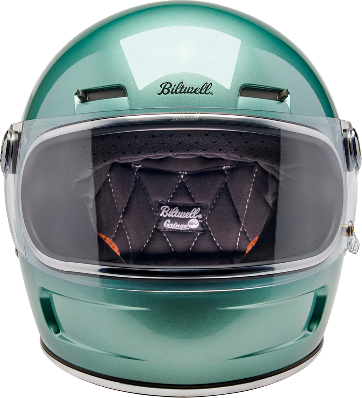 BILTWELL Gringo SV helmet in metallic seafoam, medium size, with a shiny finish and aerodynamic design.